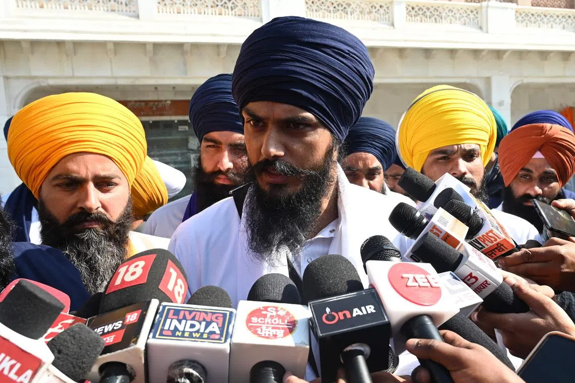 'Waris Punjab De' chief Amritpal Singh speaks to the media, at the Golden Temple in Amritsar on March 3.