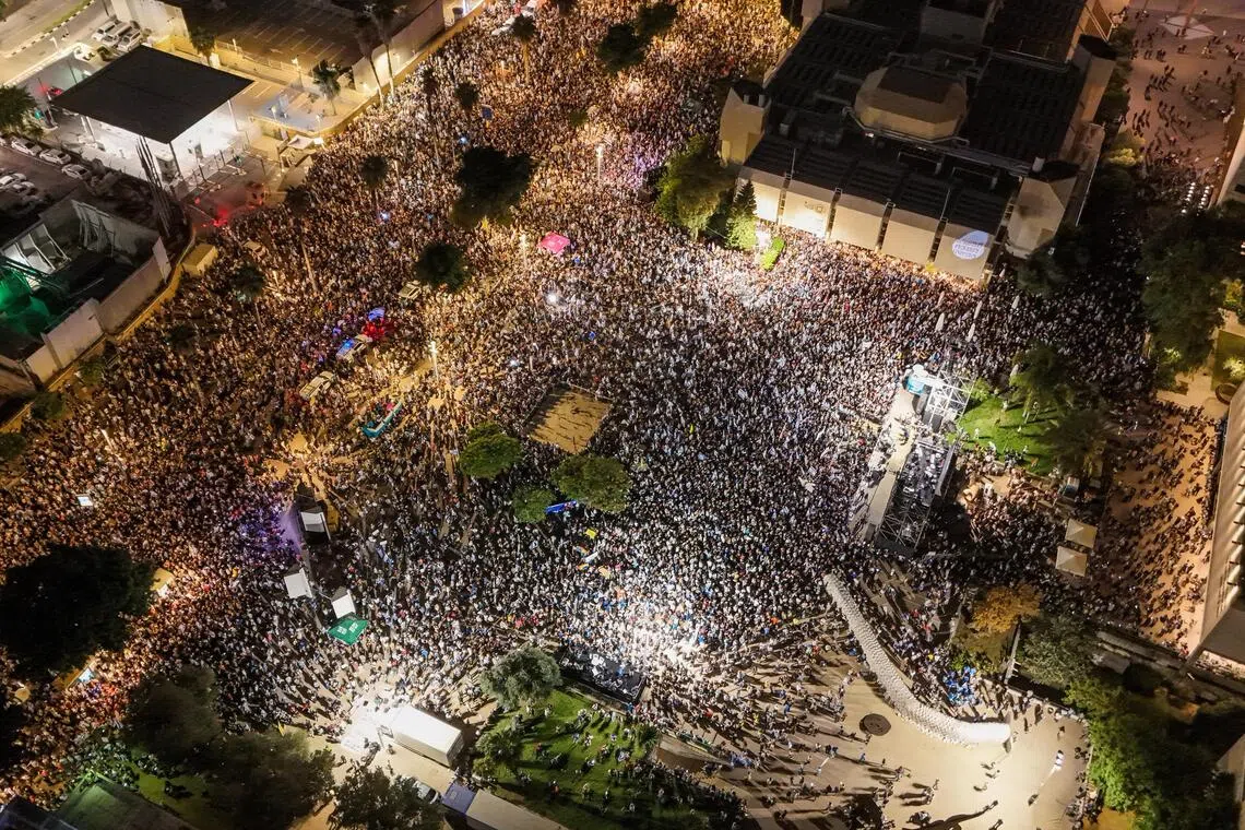 A drone photo of Israelis attending the demonstration in Tel Aviv on Oct 24.