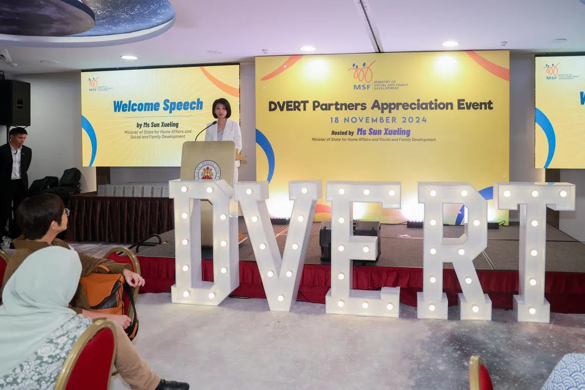 Minister of State for Social and Family Development Sun Xueling speaking at an event to appreciate partners of the Domestic Violence Emergency Response Team on Nov 18.