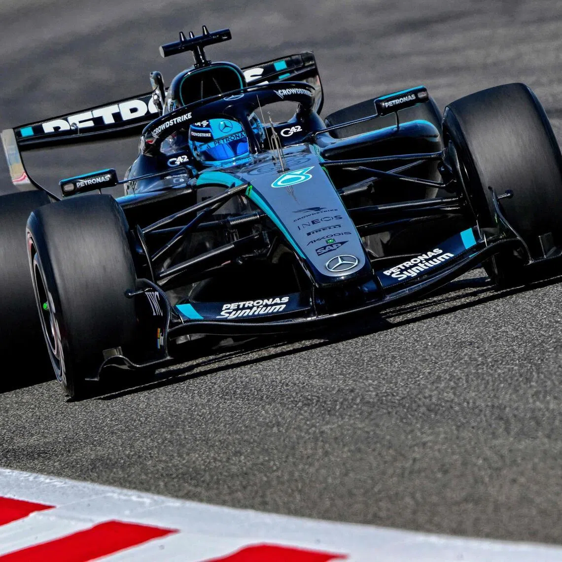 Mercedes' George Russell driving on the third day of F1 pre-season testing in Bahrain, on Feb 13.