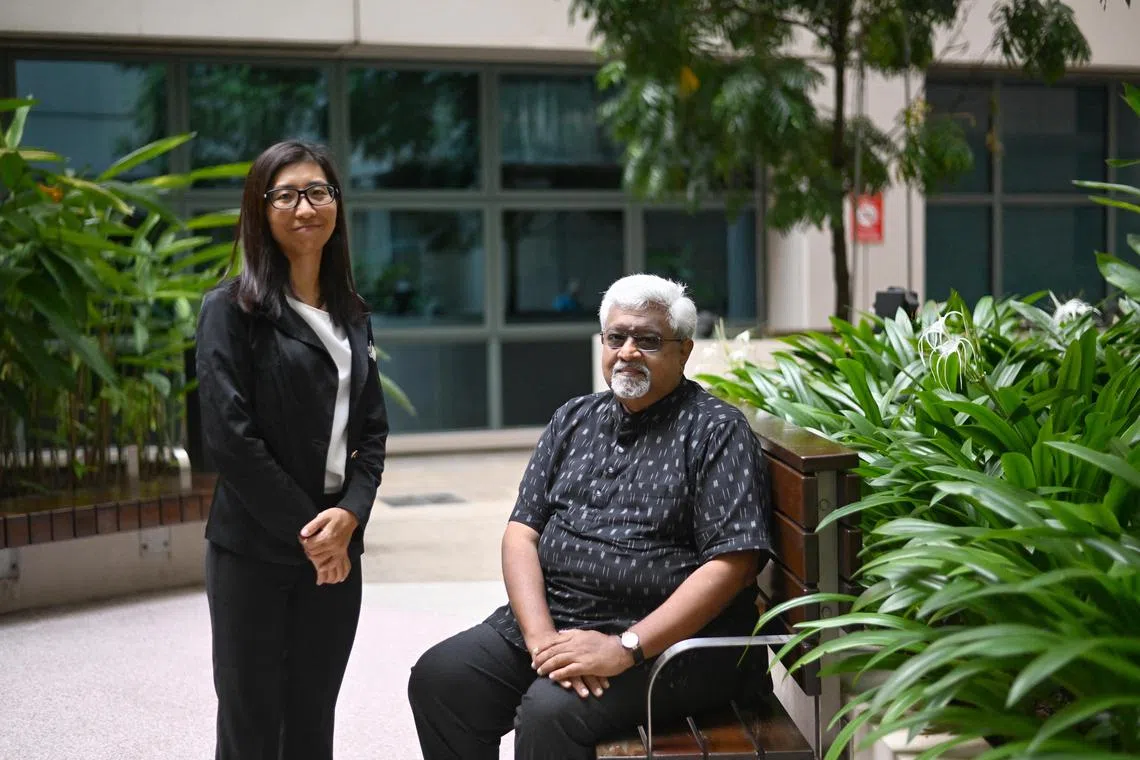 Retiree Rajeswaren Boopalan (right) with Dr Lee Ying Shan, 42, at Tan Tock Seng Hospital on March 23, 2023.