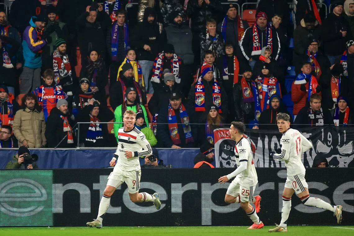 Manchester United striker Rasmus Hojlund (left) celebrates after scoring in the 2-1 Europa League win over Viktoria Plzen.