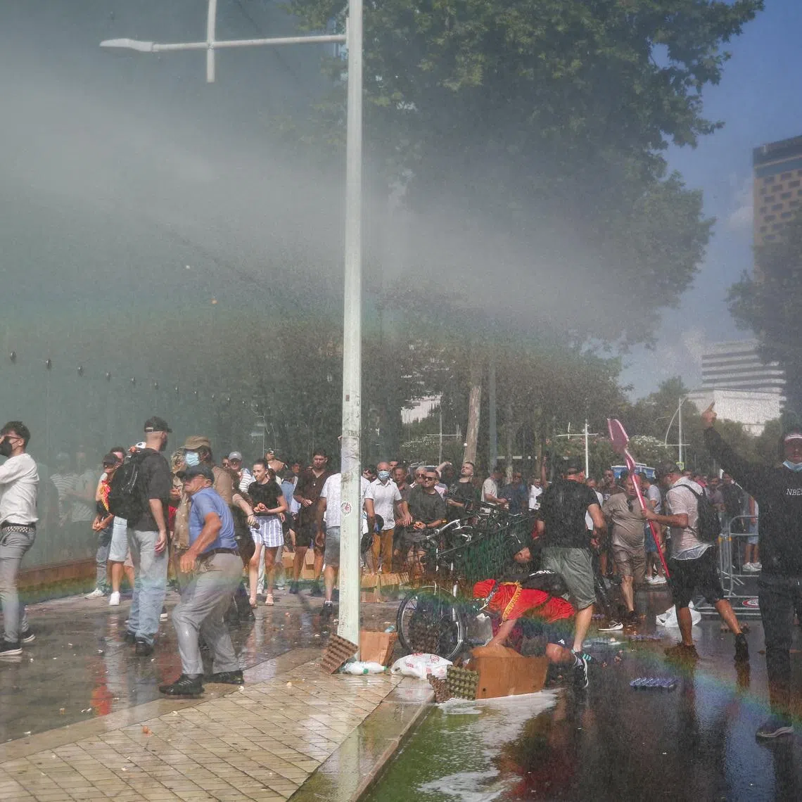 Police use water cannons against demonstrators, following weeks of protests against a planned luxury resort backed by a company linked to Jared Kushner, the son-in-law of U.S. President Donald Trump, on an environmentally sensitive part of the Adriatic coast, in Tirana, Albania, July 23, 2026. REUTERS/Florion Goga