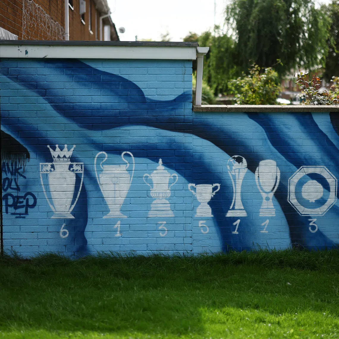 Soccer Football - Premier League - Manchester City v Sunderland - Etihad Stadium, Manchester, Britain - September 20, 2026 A mural of trophies won by Manchester City on a wall outside the stadium before the match Action Images via Reuters/Lee Smith