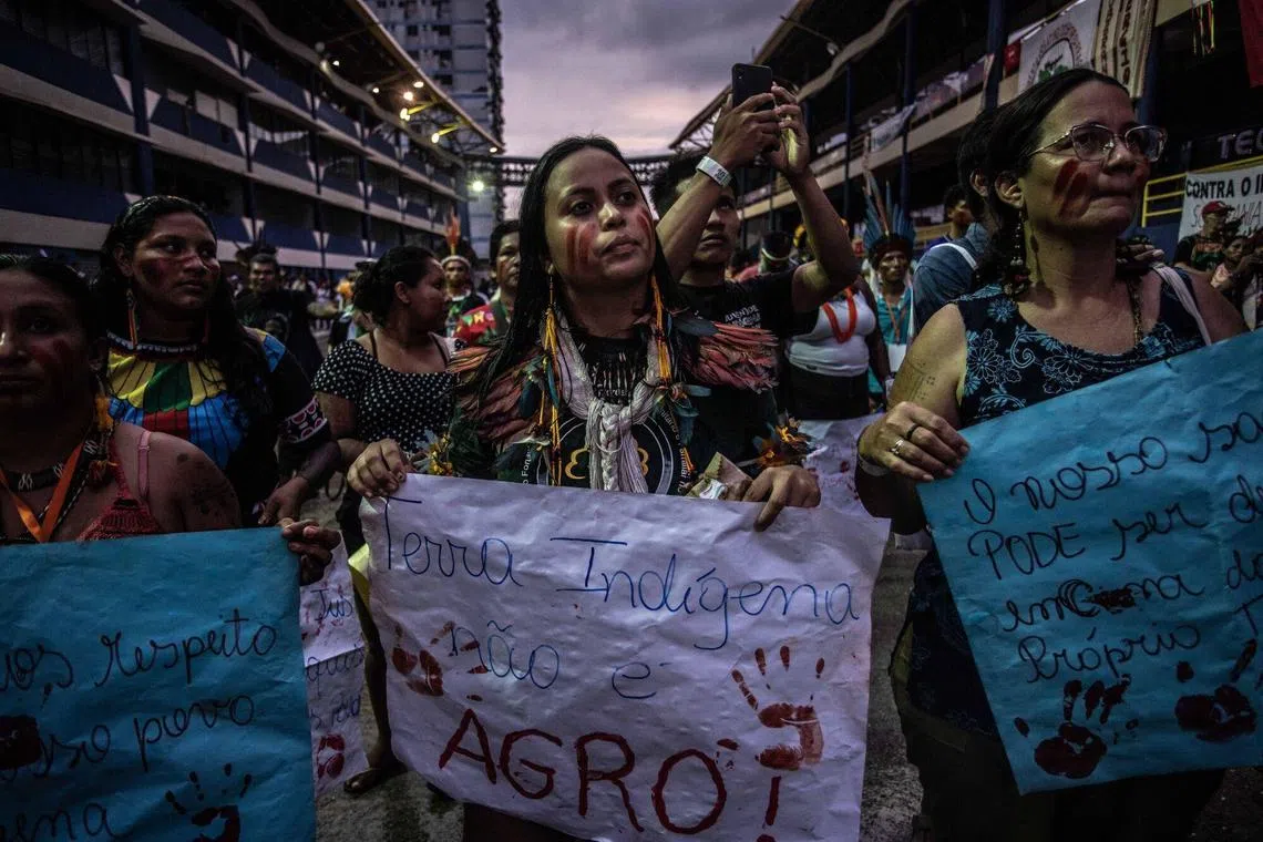 Members of the Tembe indigenous group during a rally ahead of the Amazon Summit in Belem, Brazil, on Aug 7.
