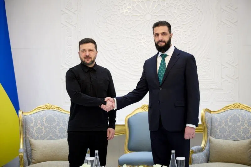 Ukraine's President Volodymyr Zelensky (left) and Syrian President Ahmed al-Sharaa shaking hands during their meeting in Damascus. 