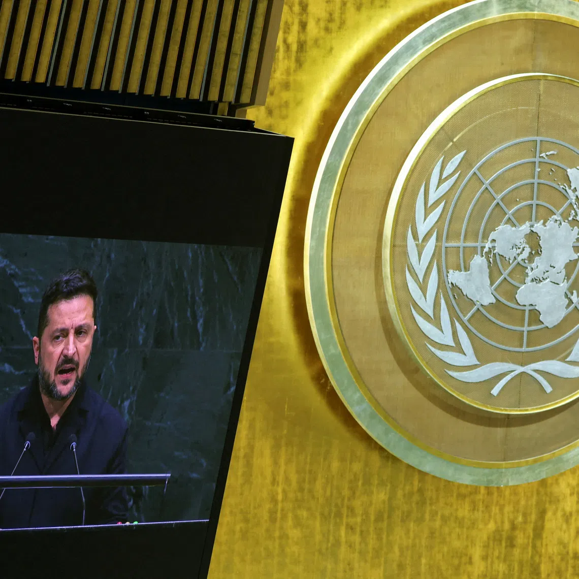 Ukraine's President Volodymyr Zelenskiy addresses the 81st United Nations General Assembly (UNGA) at UN headquarters in New York City, US, September 23, 2026.  REUTERS/MIKE SEGAR