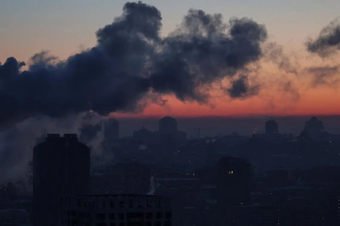 Water vapour rises from residential buildings' autonomous heating systems during a power blackout and freezing temperatures, after critical civil infrastructure was hit by recent Russian missile and drone attacks, amid Russia's attack on Ukraine, in Kyiv, Ukraine, February 3, 2026. REUTERS/Gleb Garanich