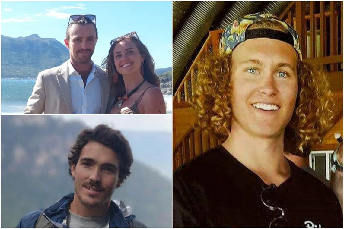 (Clockwise from top left) Surfers Elliot Foote, Steph Weisse, Jordan Short and Will Teagle were found safe.