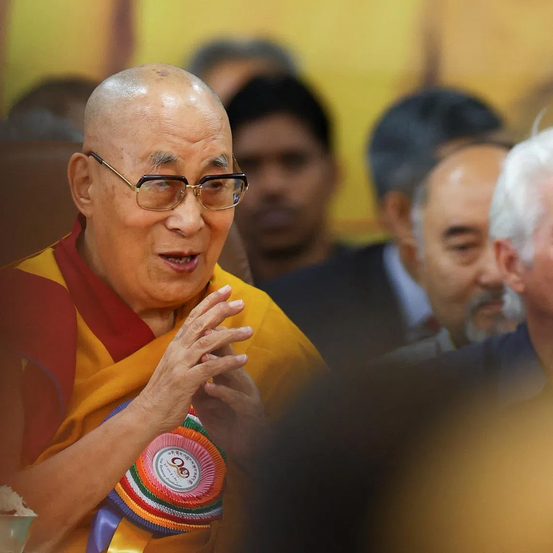 Actor Richard Gere stands next to Tibetan spiritual leader, the 14th Dalai Lama, during his 90th birthday celebration at the Tsuglagkhang, also known as the Dalai Lama Temple complex, in the northern town of Dharamshala, India, July 6, 2025. REUTERS/Anushree Fadnavis