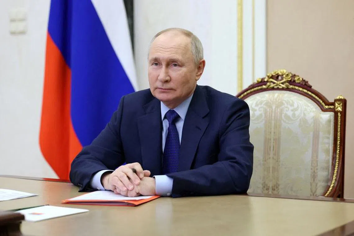 FILE PHOTO: Russian President Vladimir Putin chairs a meeting with members of the Security Council via video link at the Kremlin in Moscow, Russia February 9, 2024. Sputnik/Sergei Ilyin/Pool via REUTERS/File Photo
