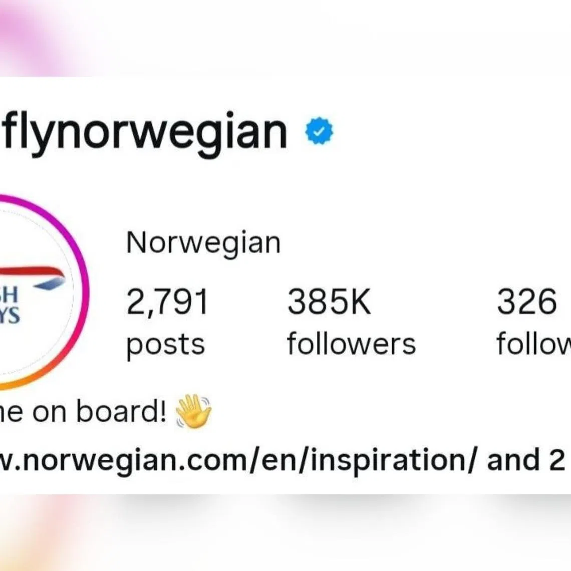 Norwegian Air’s Instagram account sporting the British Airways logo, after a bet on the World Cup tie between their countries.