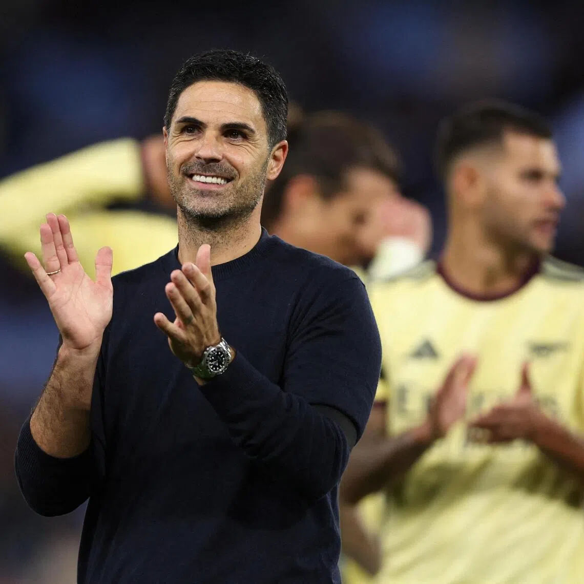 FILE PHOTO: Soccer Football - Premier League - Aston Villa v Arsenal - Villa Park, Birmingham, Britain - August 31, 2026
Arsenal manager Mikel Arteta celebrates after the match REUTERS/David Klein EDITORIAL USE ONLY. NO USE WITH UNAUTHORIZED AUDIO, VIDEO, DATA, FIXTURE LISTS, CLUB/LEAGUE LOGOS OR 'LIVE' SERVICES. ONLINE IN-MATCH USE LIMITED TO 120 IMAGES, NO VIDEO EMULATION. NO USE IN BETTING, GAMES OR SINGLE CLUB/LEAGUE/PLAYER PUBLICATIONS. PLEASE CONTACT YOUR ACCOUNT REPRESENTATIVE FOR FURTHER DETAILS../File Photo