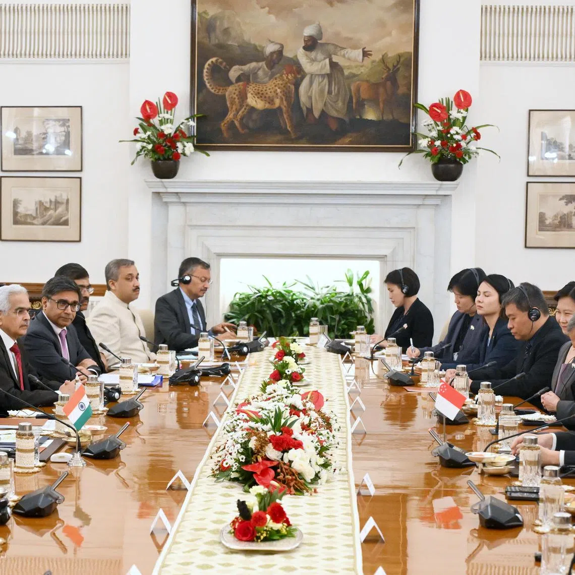 Prime Minister Lawrence Wong with Indian Prime Minister Narendra Modi at a delegation meeting at Hyderabad House in New Delhi on Sept 4. 