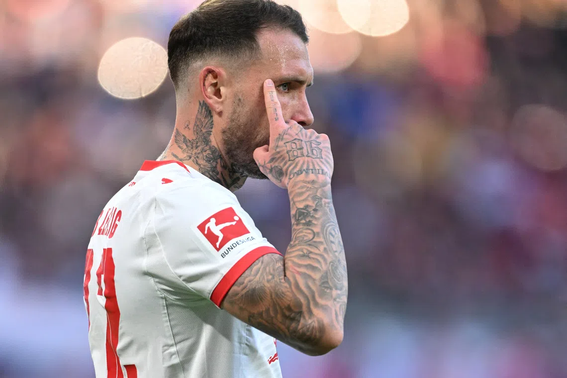 Soccer Football - Bundesliga - RB Leipzig v Hamburger SV - Red Bull Arena, Leipzig, Germany - October 18, 2025 RB Leipzig's David Raum during the match REUTERS/Annegret Hilse
