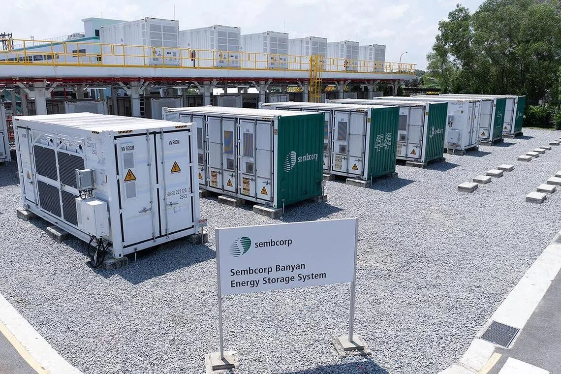 Sembcorp piloted a vertical battery-stacking solution at its existing Jurong Island energy-storage system, raising capacity without increasing land use. PHOTO: SEMBCORP INDUSTRIES