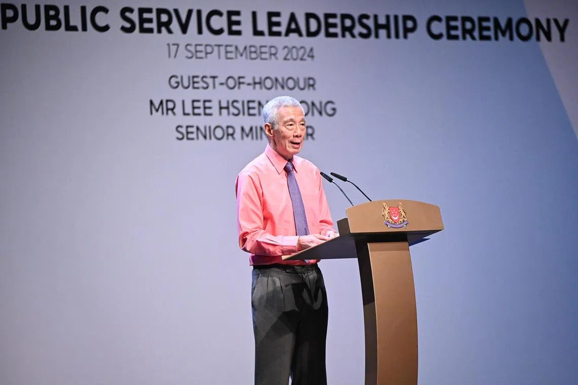Senior Minister (SM) Mr Lee Hsien Loong who is the Guest-of-Honour , deliver an address at the Annual Public Service Leadership Ceremony on 17 September 2024 (Tuesday).