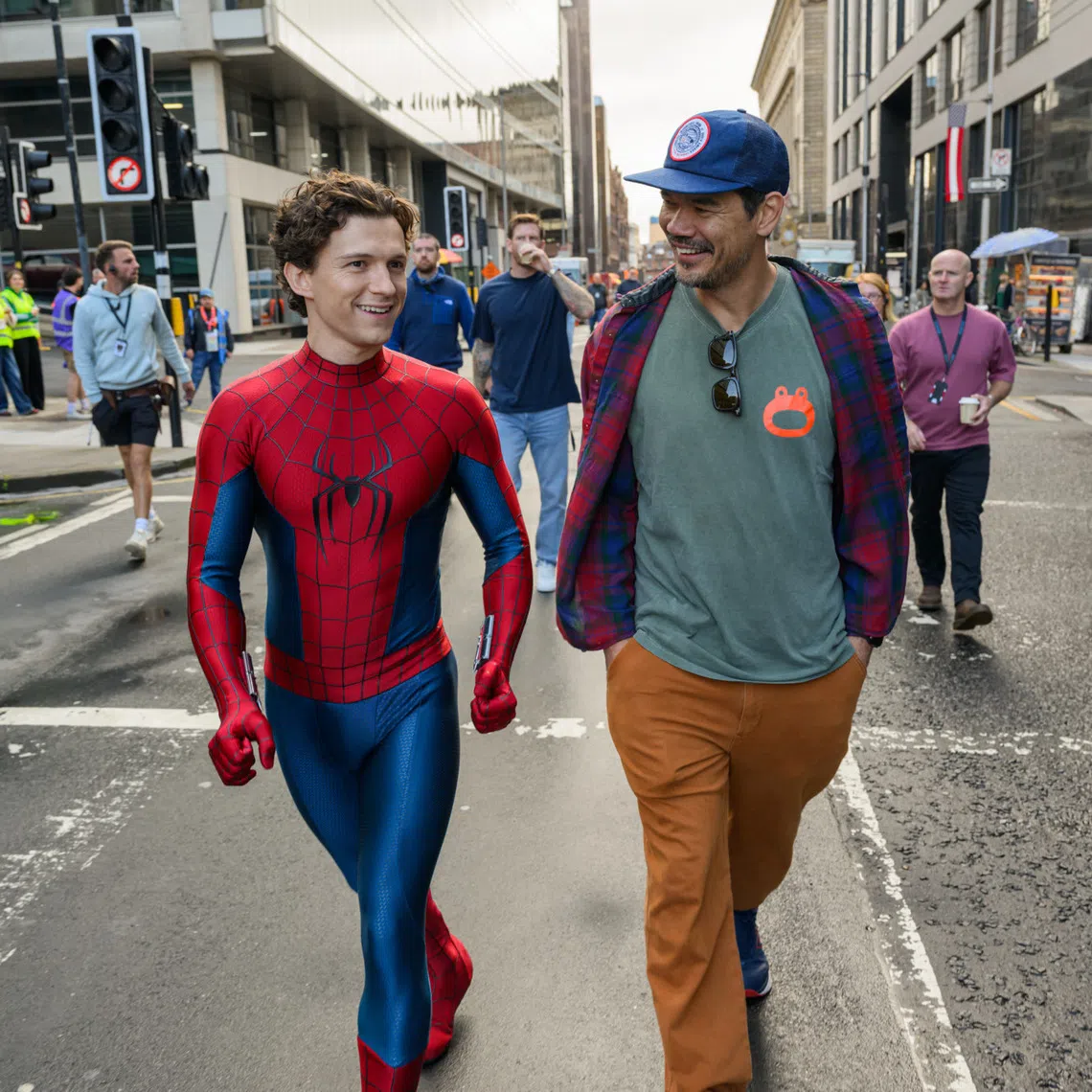 Tom Holland (left) and Destin Daniel Cretton on the set of Spider-Man: Brand New Day.