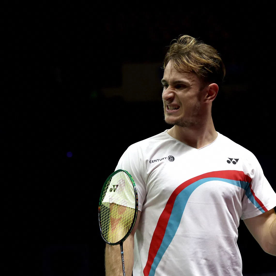 Badminton - BWF World Championships - Indira Gandhi Indoor Stadium, New Delhi, India - August 23, 2026 France's Alex Lanier reacts during his men's final against Japan's Kodai Naraoka REUTERS/Bhawika Chhabra
