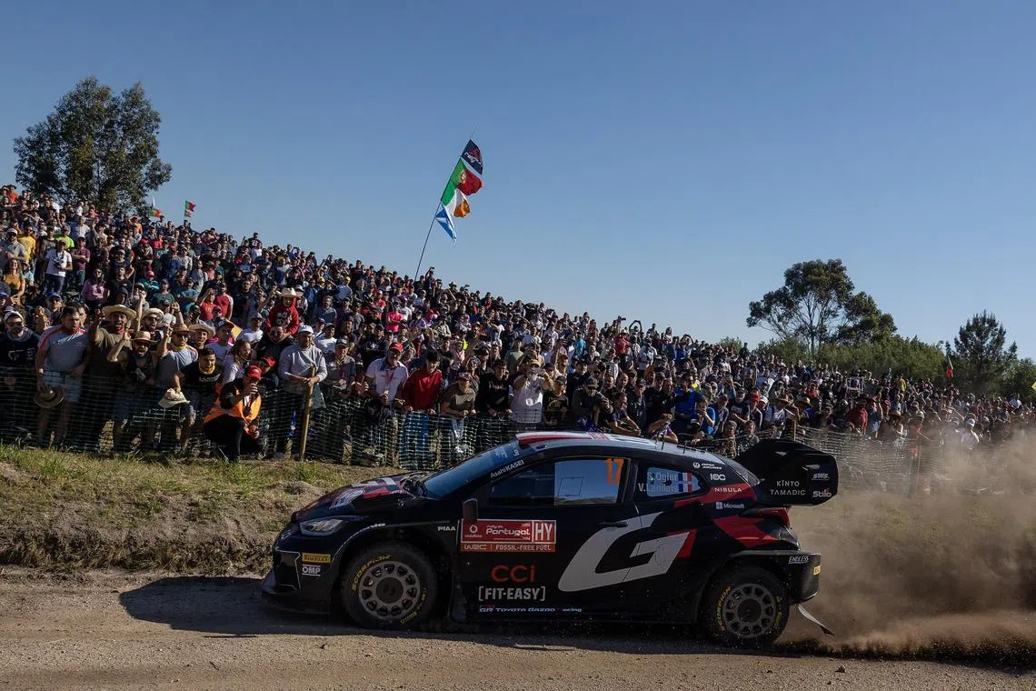 epa11332531 Sebastien Ogier of France drives his Toyota GR Yaris Rally 1 during the SS11 of the Rally Portugal 2024 as part of the World Rally Championship (WRC) in Montim, Guimaraes, Portugal, 11 May 2024.  EPA-EFE/JOSE COELHO