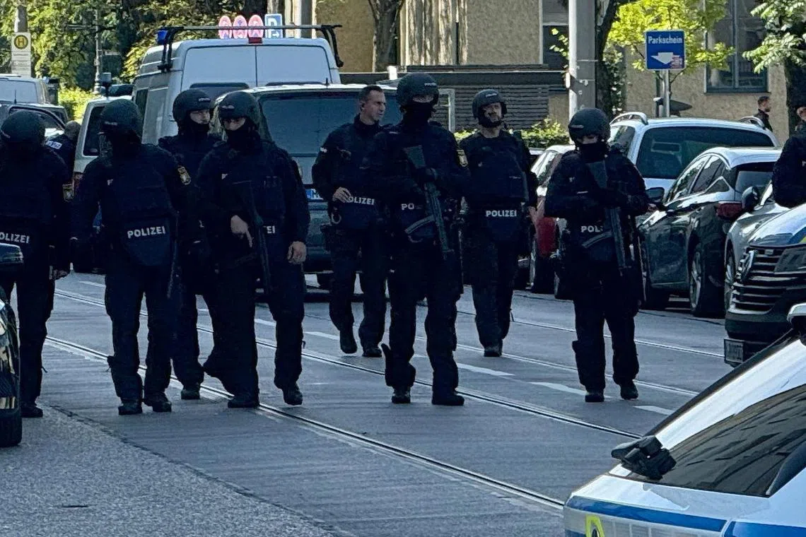 FILE PHOTO: Police secures the area after German police opened fire on a suspect after seeing someone who appeared to be carrying a gun near the Israeli consulate and a Nazi history museum in central Munich, Germany, September 5, 2024.     REUTERS/vifogra/Paul/File Photo
