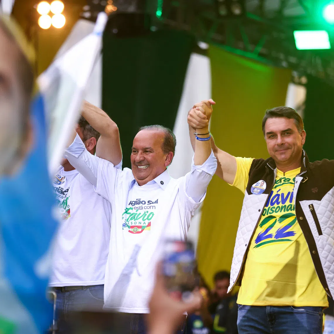 Brazilian presidential candidate Flavio Bolsonaro of the Liberal Party (PL) attends a campaign rally in Porto Alegre, Brazil, October 14, 2026. REUTERS/Diego Vara