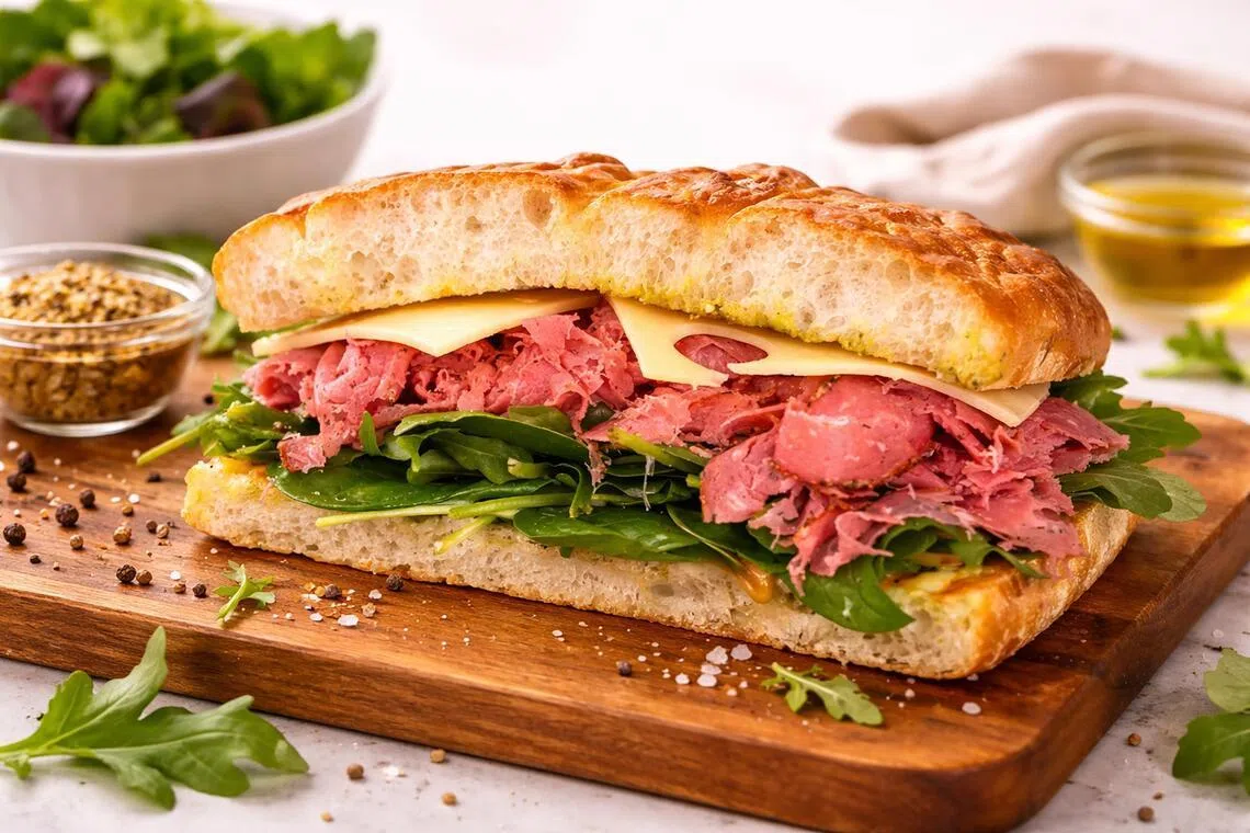 Cat & The Fiddle’s new schiacciata sandwich, stuffed with beef pastrami.