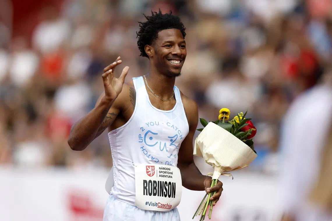 Athletics - Ostrava Golden Spike Meeting - Mestsky Stadion, Ostrava, Czech Republic - June 24, 2025 Chris Robinson of the U.S. celebrates winning the men's 400m hurdles REUTERS/David W Cerny