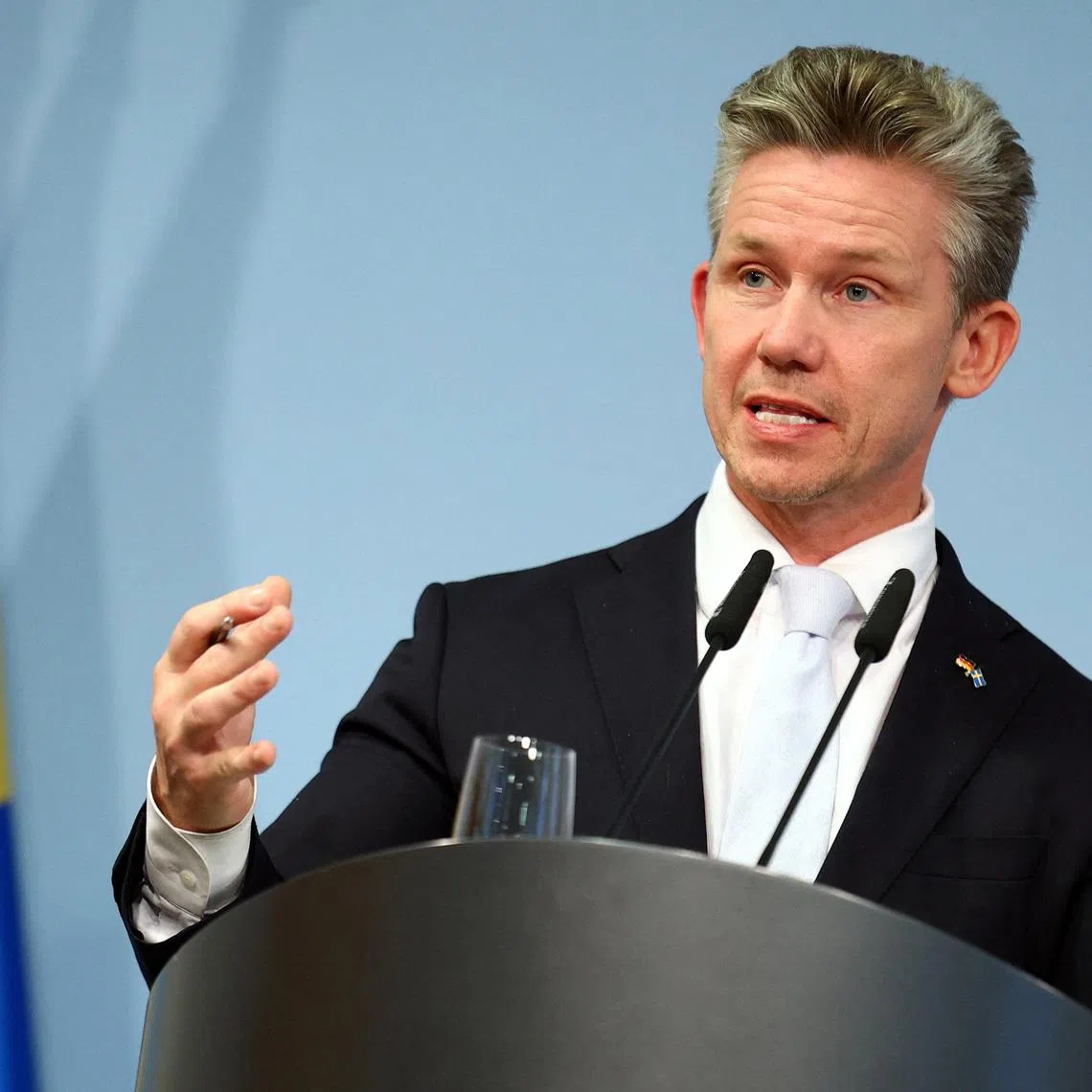 Swedish Defence Minister Pal Jonson attends a press conference in Berlin, Germany, September 23, 2025. REUTERS/Lisi Niesner
