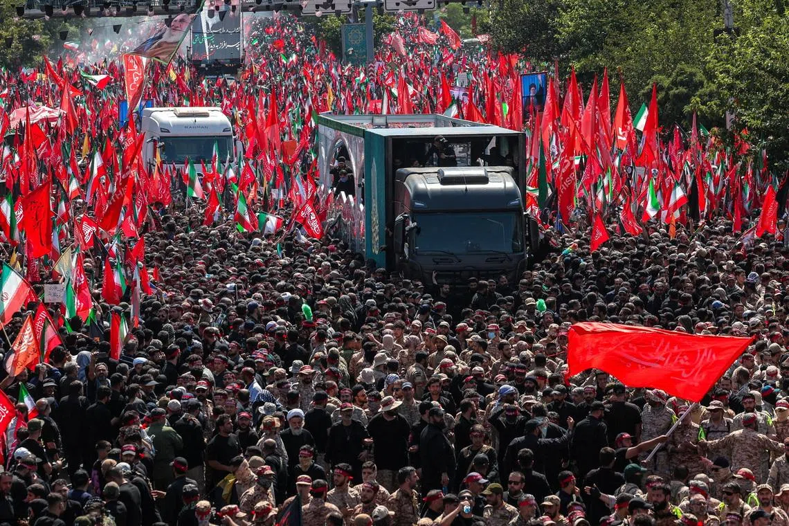 A vehicle carrying coffins of Iran’s late Supreme Leader Ayatollah Ali Khamenei and his family members in Tehran on July 6.