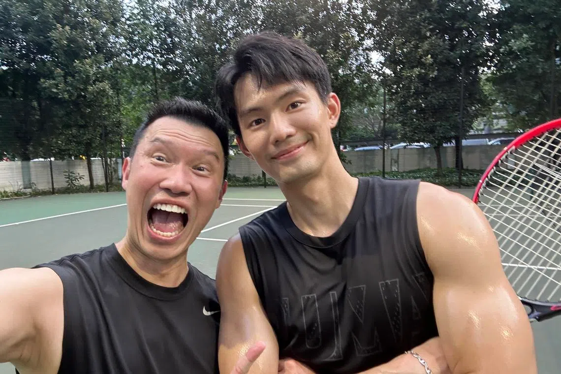 The writer playing tennis with his former student, Timothee Yap in 2025.