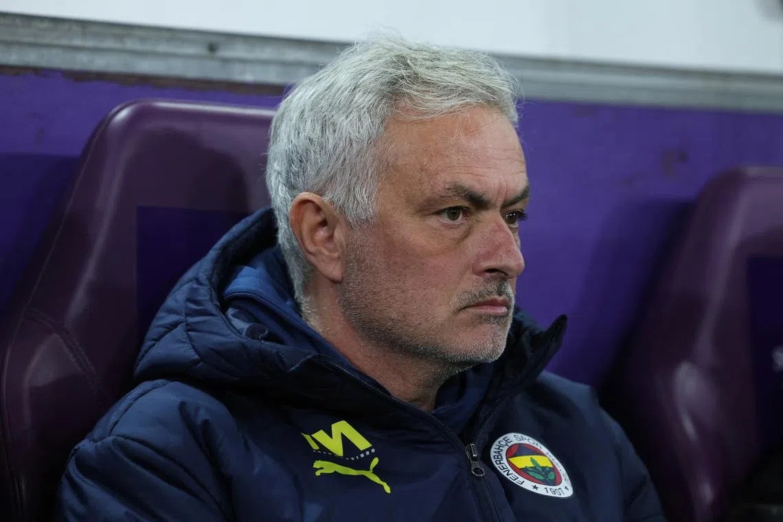 FILE PHOTO: Soccer Football - Europa League - Knockout Phase Playoff - Second Leg - Anderlecht v Fenerbahce - Lotto Park, Anderlecht, Belgium - February 20, 2025 Fenerbahce coach Jose Mourinho before the match REUTERS/Yves Herman/File Photo