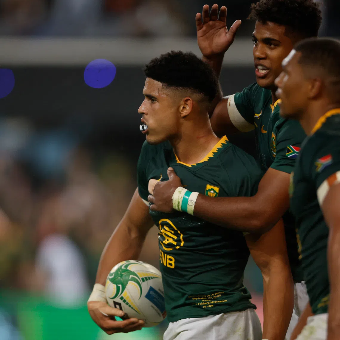 Rugby Union - Rugby Championship - South Africa v Argentina - Kings Park Stadium, Durban, South Africa - September 27, 2025 South Africa's Sacha Feinberg-Mngomezulu celebrates scoring their third try REUTERS/Rogan Ward