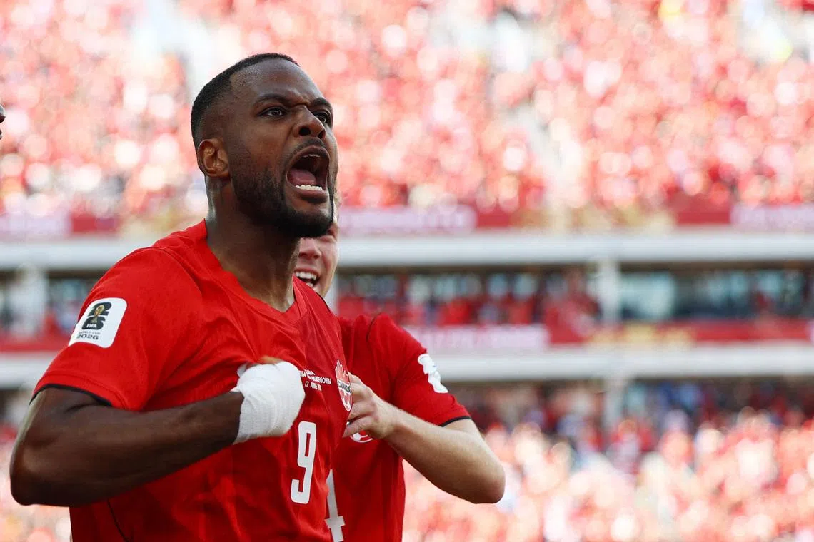 Soccer Football - FIFA World Cup 2026 - Group B - Canada v Bosnia and Herzegovina - Toronto Stadium, Toronto, Canada - June 12, 2026 Canada's Cyle Larin celebrates scoring their first goal REUTERS/Claudia Greco