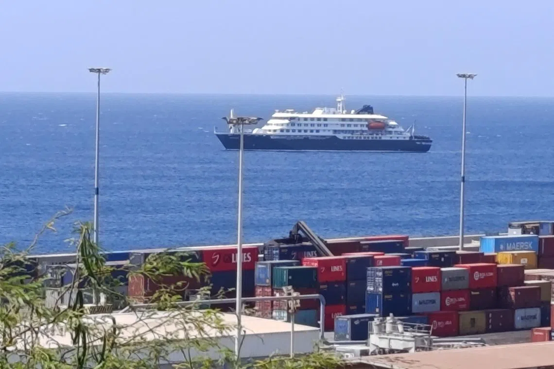 The cruise ship MV Hondius is docked off Cape Verde port on May 4. About 150 people remain stuck on the ship.