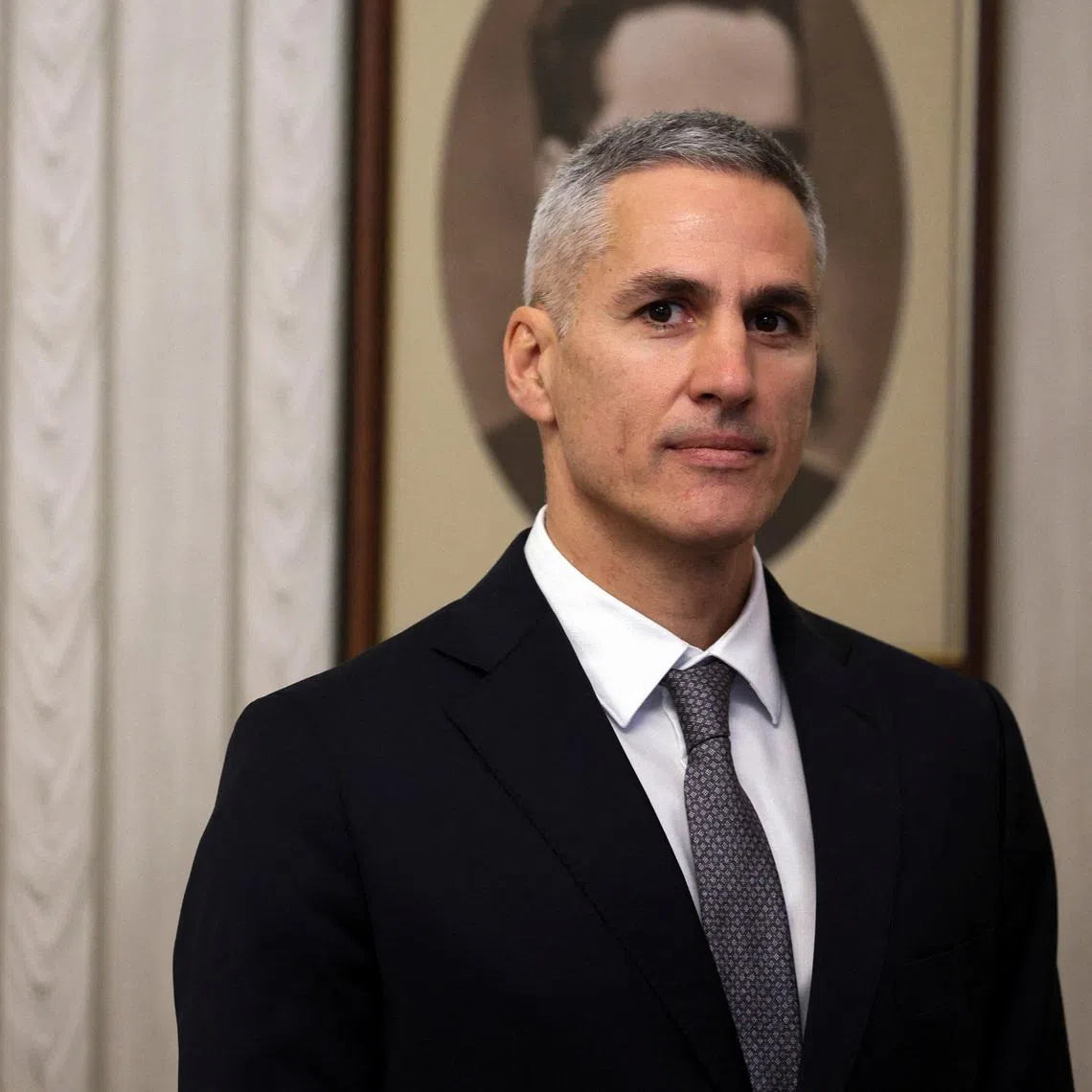 Newly appointed caretaker Prime Minister Andrey Gyurov attends an official ceremony with Bulgaria's President Iliana Iotova in Sofia, Bulgaria, February 12, 2026. REUTERS/Spasiyana Sergieva
