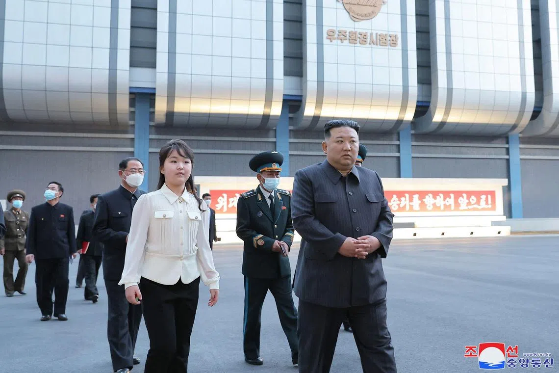 North Korean leader Kim Jong Un with his daughter Ju-ae during an inspection of a space research facility on April 18, 2023.