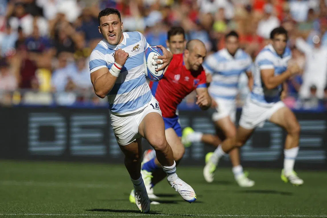 FILE PHOTO: Rugby Union - Rugby World Cup 2023 - Pool D - Argentina v Chile - The Stade de la Beaujoire - Louis Fonteneau, Nantes, France - September 30, 2023 Argentina's Rodrigo Isgro scores a try REUTERS/Stephane Mahe/File Photo