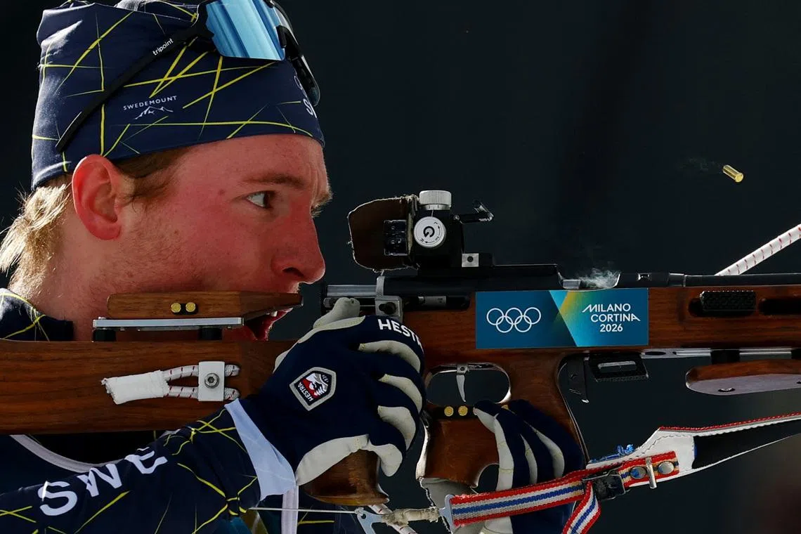 Milano Cortina 2026 Olympics - Biathlon - Mixed Relay 4 x 6km (M+W) - Anterselva Biathlon Arena, South Tyrol, Italy - February 08, 2026. Sebastian Samuelsson of Sweden in action during the Biathlon Mixed Relay 4 x 6km (M+W). REUTERS/Matthew Childs