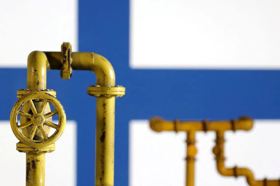 FILE PHOTO: Model of natural gas pipeline and Finland flag, July 18, 2022. REUTERS/Dado Ruvic/Illustration/File Photo