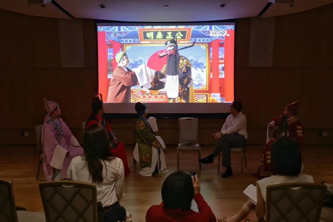 Media preview of an adaptation of Mistake Of Justice Bao (video for Singapore Police Force), the first of five light-hearted public service videos featuring traditional Chinese opera troupes, at Singapore Chinese Cultural Centre on Nov 21, 2024. ST PHOTO: KEVIN LIM sfopera21