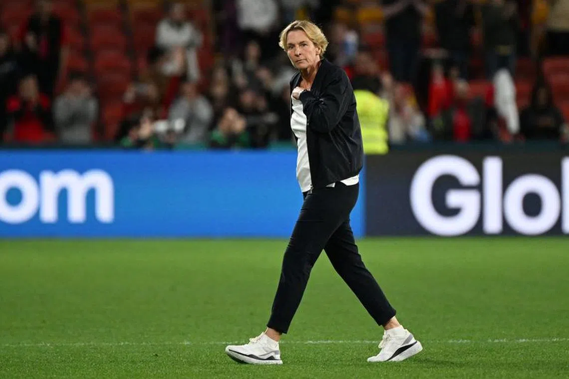 Soccer Football - FIFA Women’s World Cup Australia and New Zealand 2023 - Group H - South Korea v Germany - Brisbane Football Stadium, Brisbane, Australia - August 3, 2023 Germany coach Martina Voss-Tecklenburg reacts after Germany are knocked out of the World Cup REUTERS/Dan Peled/file photo