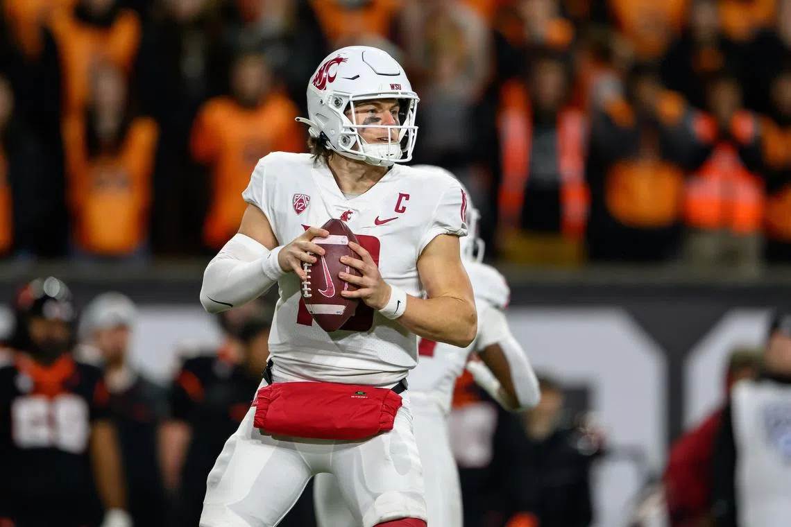 Nov 23, 2024; Corvallis, Oregon, USA; Washington State Cougars quarterback John Mateer (10) sets up to pass during the third quarter against the Oregon State Beavers at Reser Stadium. Craig Strobeck-Imagn Images/File Photo