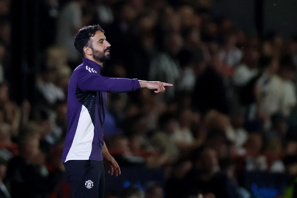 Manchester United manager Ruben Amorim gesturing during the match against Grimsby Town on Aug 27.