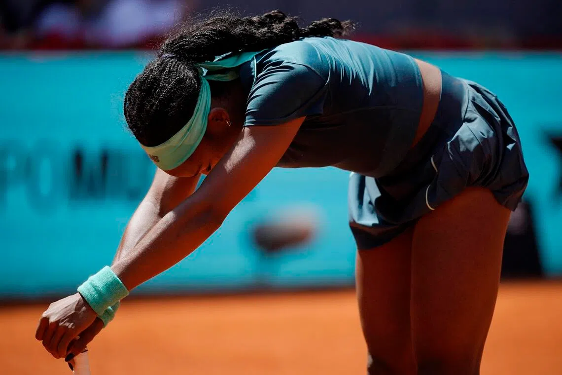 Coco Gauff of the US reacting during her 4-6, 7-5, 6-1 round-of-32 win over Romania's Sorana Cirstea at the Madrid Open at Park Manzanares on April 26, 2026.
