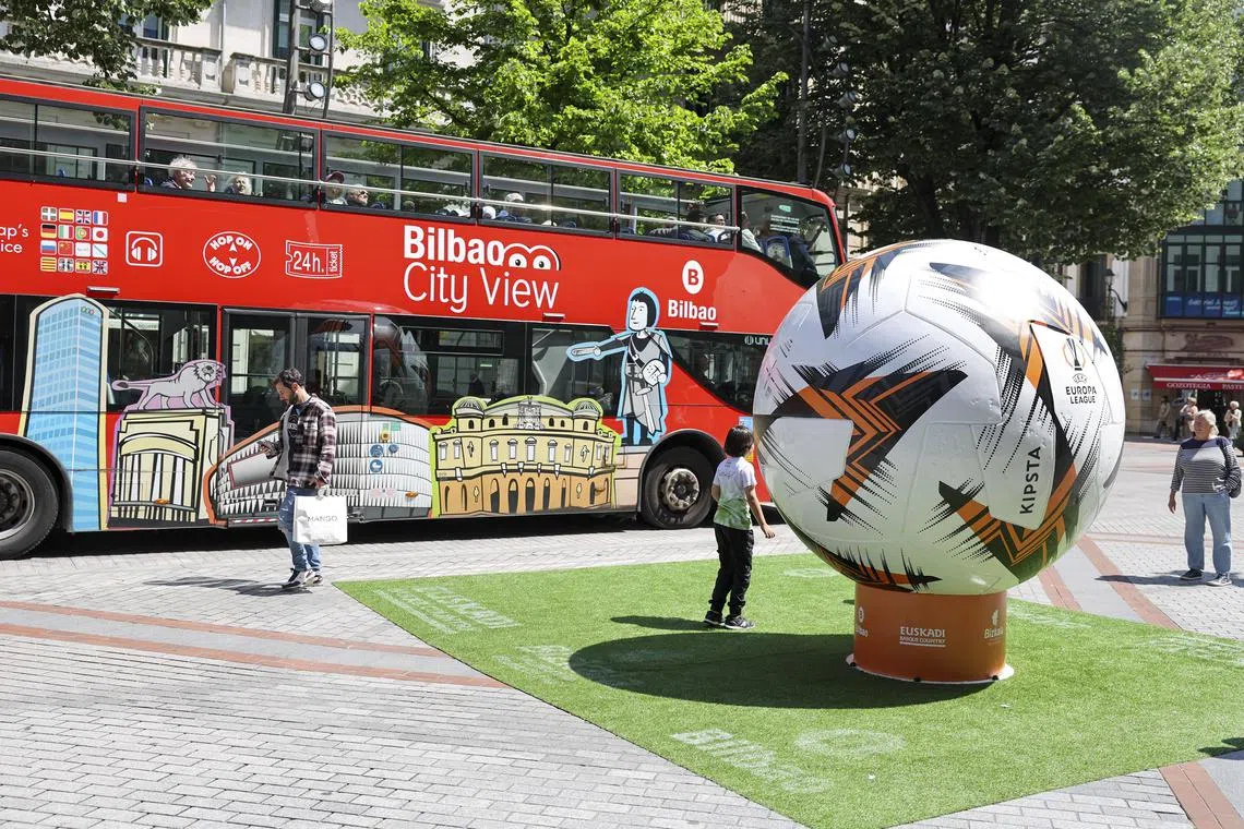 View of a sculpture of the Europa League final's match ball in Bilbao, Basque Country.