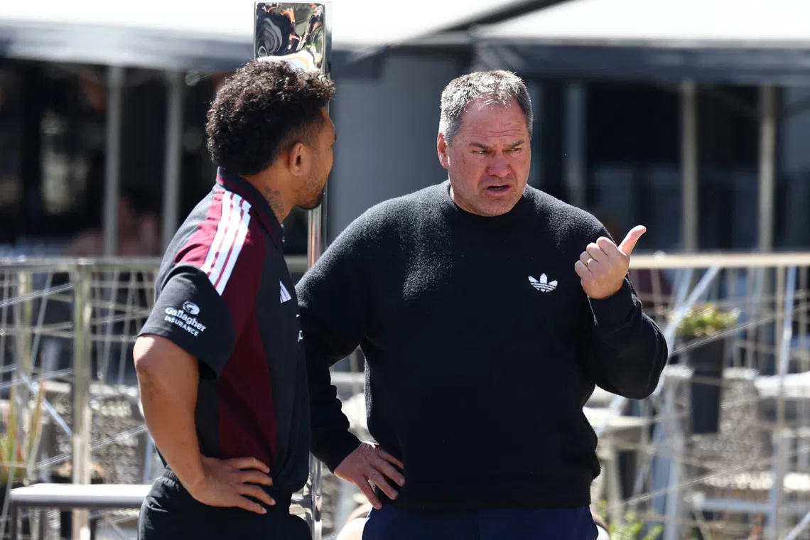 Rugby Union - New Zealand Press Conference - Sandton Sun and Towers, Johannesburg, South Africa - August 21, 2026  New Zealand's Ardie Savea and head coach Dave Rennie before the press conference REUTERS/Siphiwe Sibeko