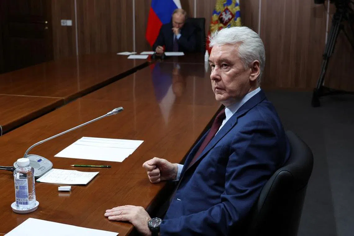 Mayor of Moscow Sergei Sobyanin attends a meeting chaired by Russian President Vladimir Putin on the development of unmanned aircraft, at the Rudnyovo industrial park in Moscow, Russia April 27, 2023. Sputnik/Mikhail Klimentyev/Kremlin via REUTERS/file photo