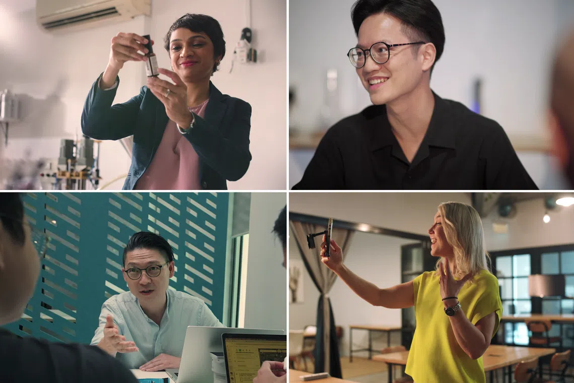 lockwise from top left) rithika gupta from ollie, arvin tang from akin by techlyon, melissa laurie from oysterly media, and justin zhang from tack one—four entrepreneurs using business and technology to improve lives across various sectors