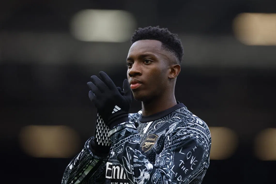 FILE PHOTO: Soccer Football - Premier League - Fulham v Arsenal - Craven Cottage, London, Britain - December 31, 2023 Arsenal's Eddie Nketiah during the warm up before the match Action Images via Reuters/Peter Cziborra/File Photo
